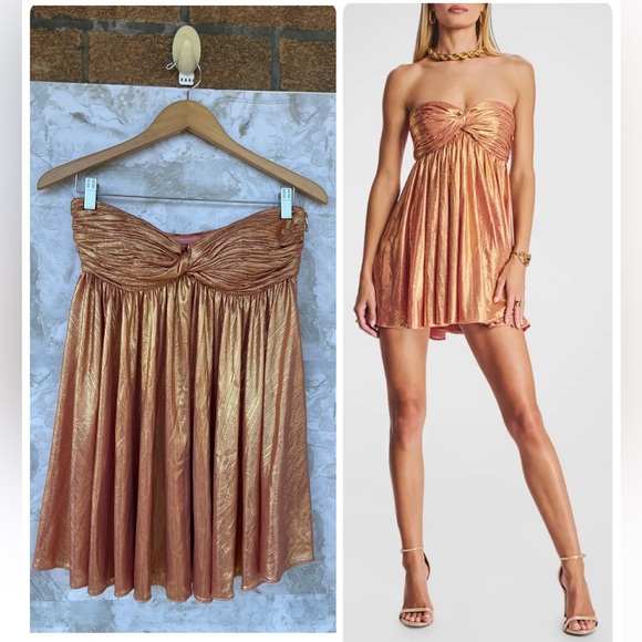 Retrofete Dresses & Skirts - Retrofete Kaiser Strapless Ruched Pleated Metallic Apricot Mini Dress small